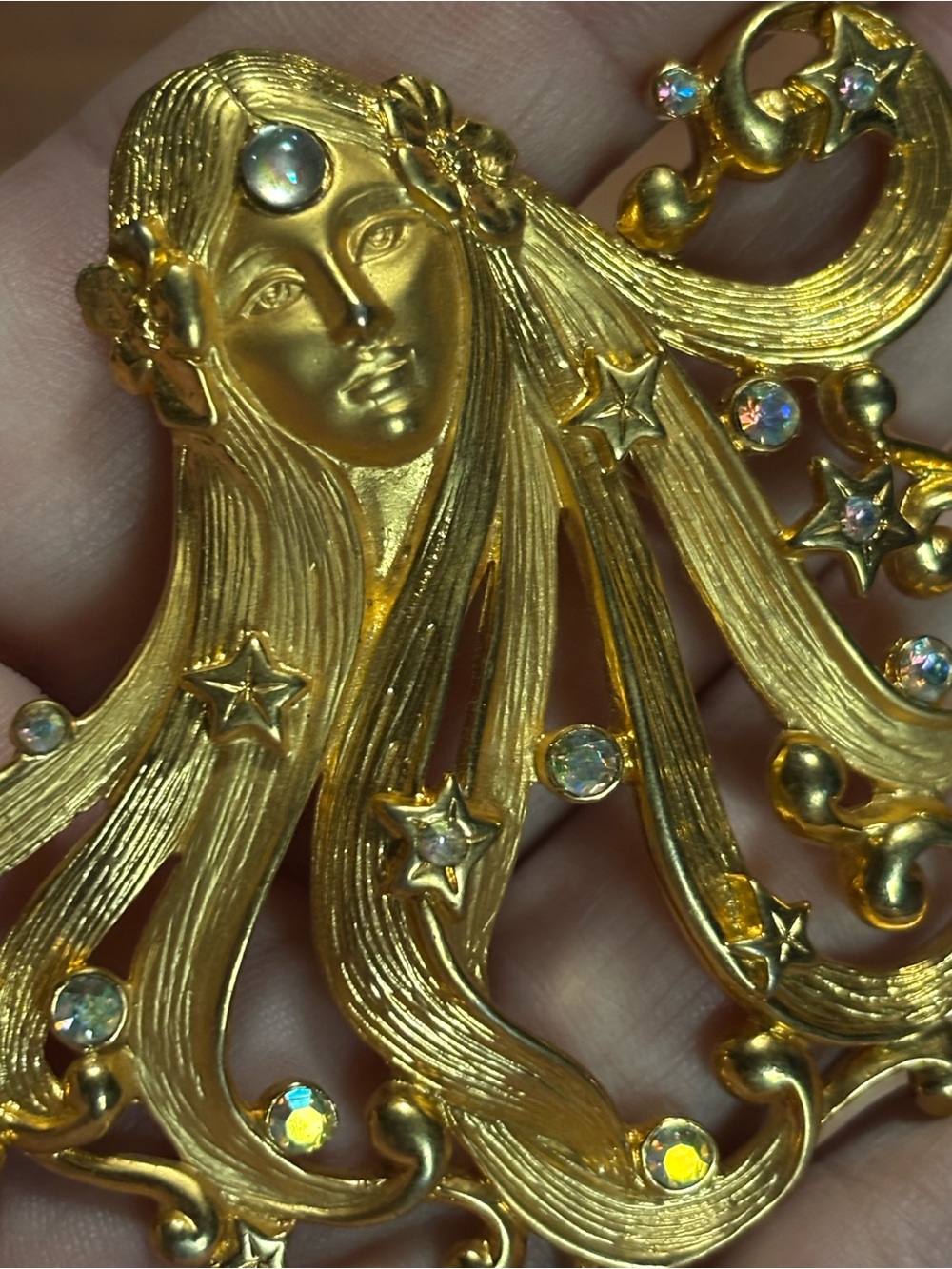 Vintage gold tone brooch goddess rhinestones art nouveau feminine